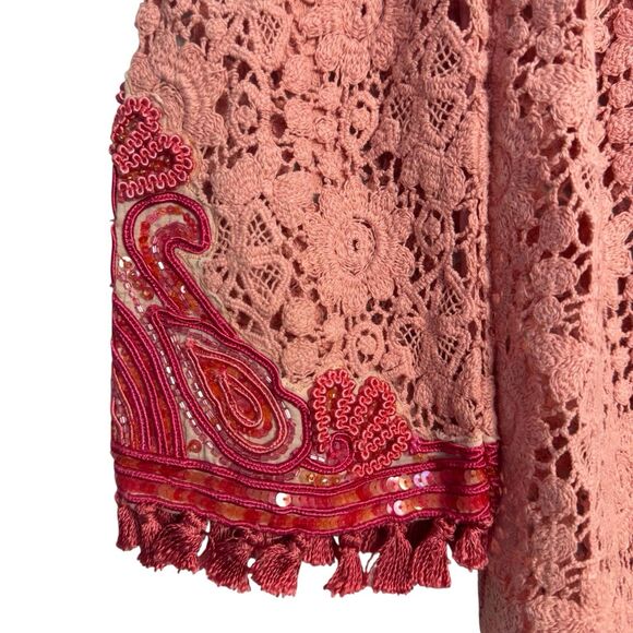 Calypso St. Barth Floral Crochet Tunic Top Size S Embroidered Sequins Tasseled - Picture 7 of 16
